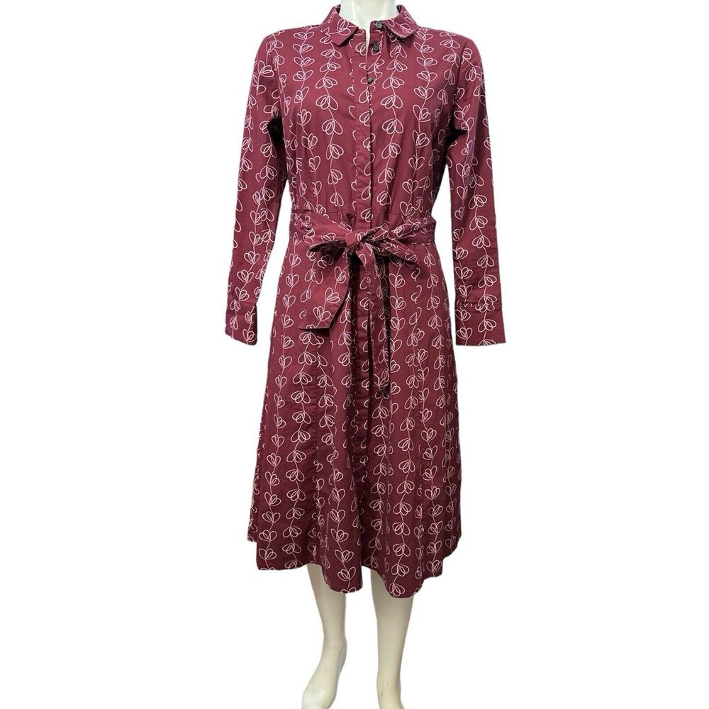 Boden Floral Cotton Long Sleeve Shirt Midi Dress Size 8P Burgundy Floral Belt